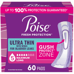 Poise frente empaque mostrando 60 unidades y beneficio protección duradera