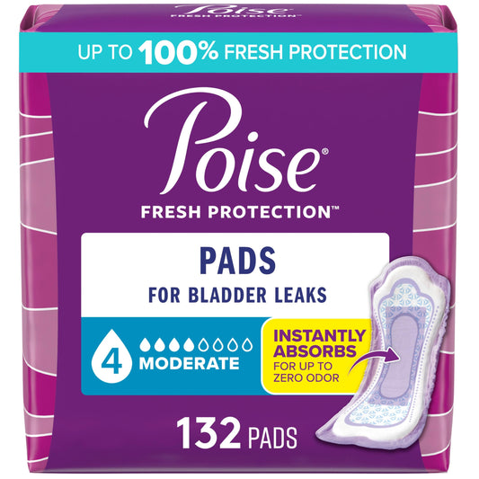 Poise frente del paquete mostrando 132 unidades y protección prolongada