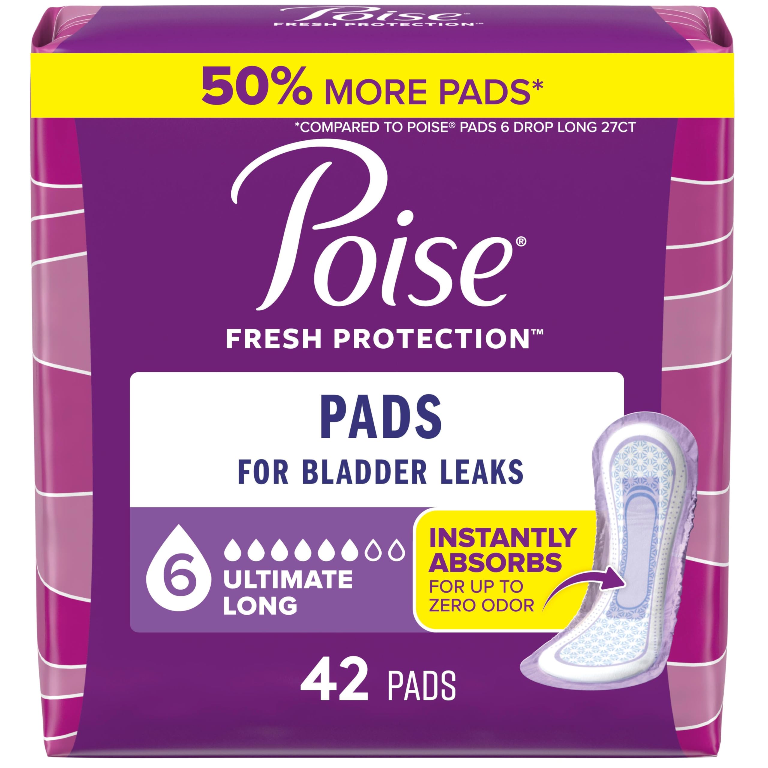 Poise empaque frontal mostrando 42 unidades y absorción '6 Drop' para tranquilidad