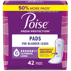 Poise empaque frontal mostrando 42 unidades y absorción '6 Drop' para tranquilidad