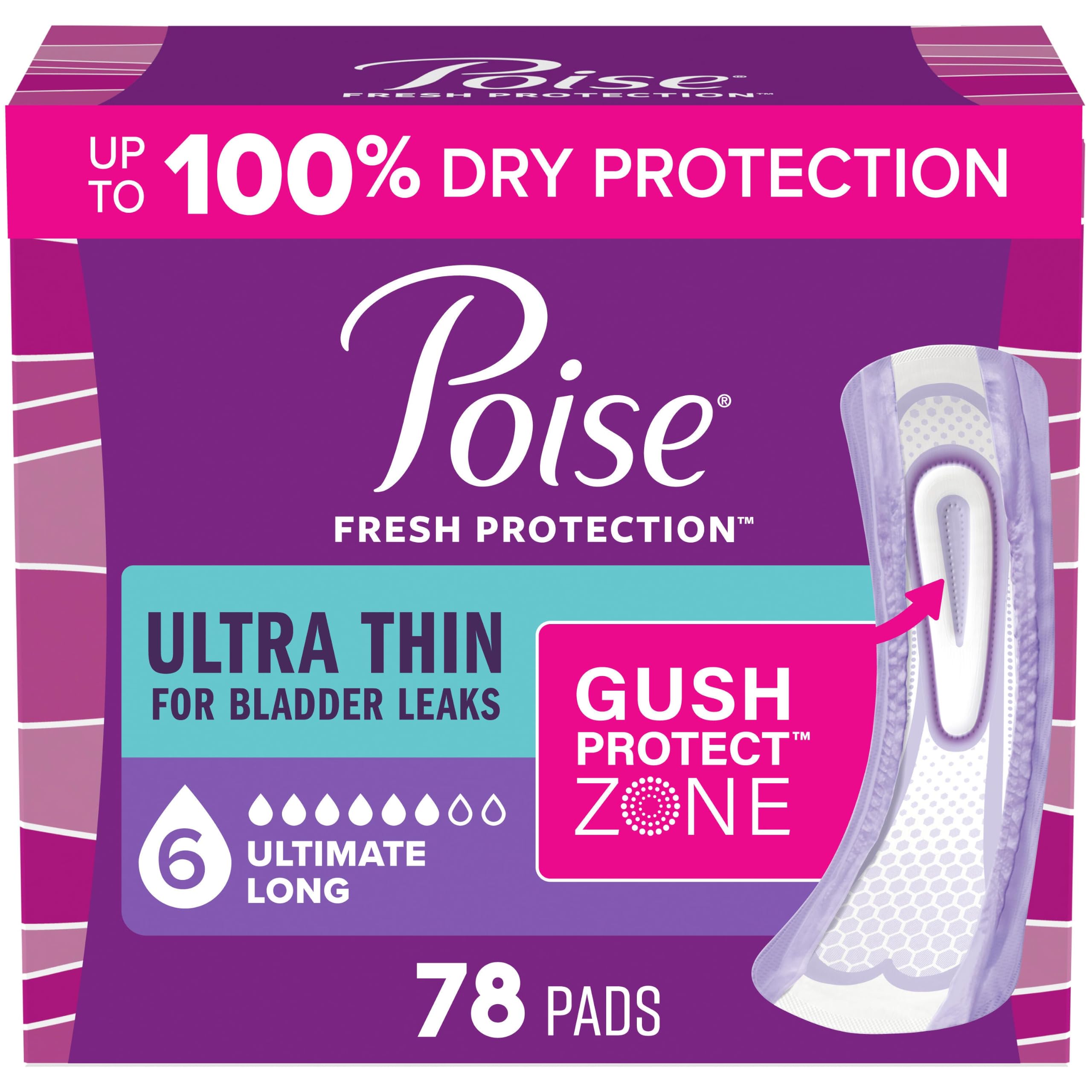 Poise empaque frontal mostrando 78 toallas y beneficio de suministro prolongado