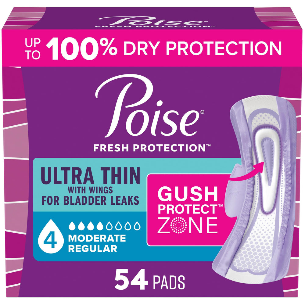 Poise empaque frontal mostrando 54 toallas, protección confiable