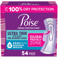 Poise empaque frontal mostrando 54 toallas, protección confiable