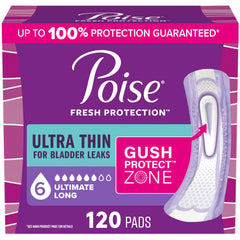 Poise empaque frontal mostrando 120 unidades y protección confiable