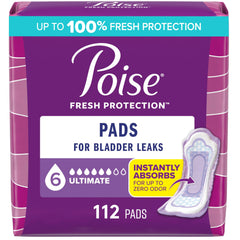 Poise empaque frontal mostrando 112 almohadillas y protección prolongada