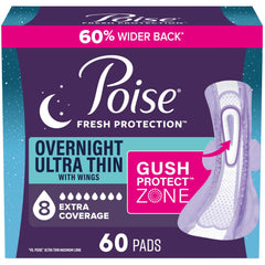 Poise paquete frontal nocturno mostrando 60 unidades y beneficio de protección