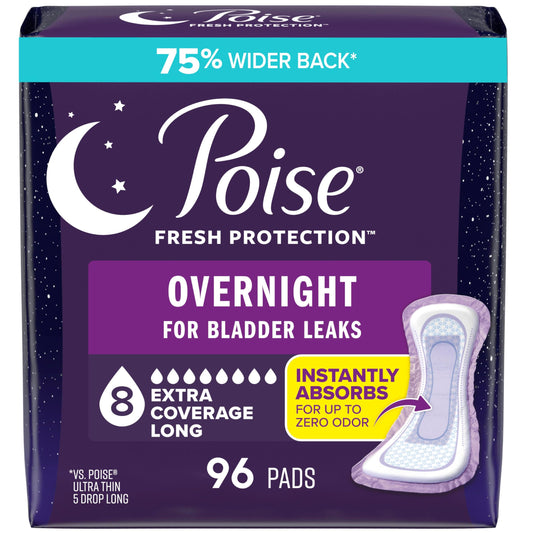 Poise paquete frontal 96 unidades mostrando cobertura nocturna y confianza