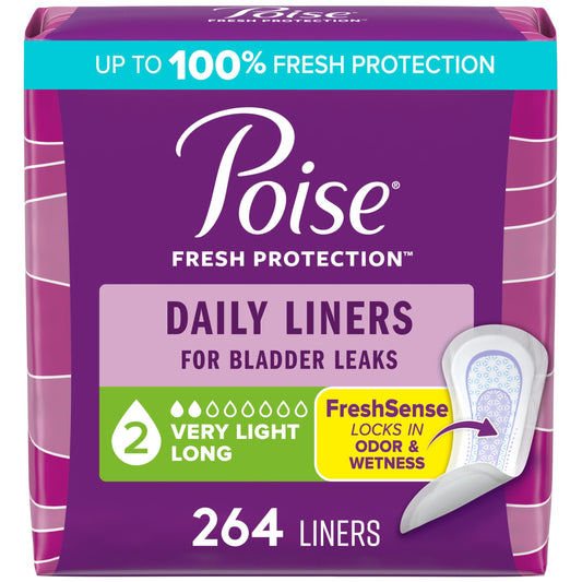 Poise empaque frontal mostrando 264 protectores y beneficio de suministro amplio