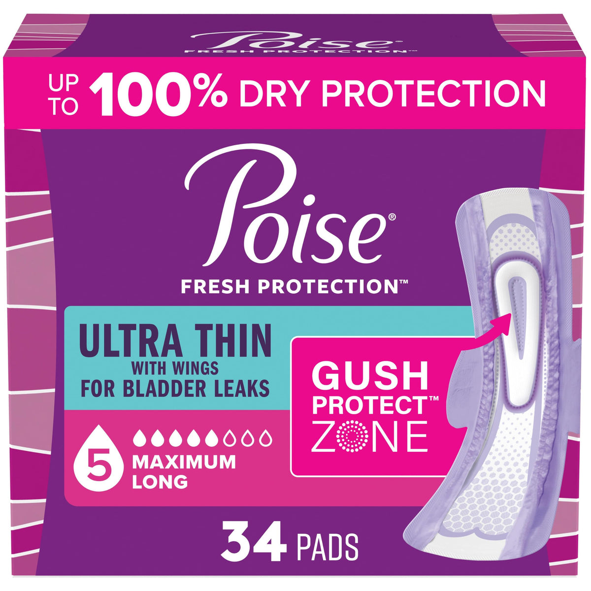 Poise empaque frontal 34 unidades mostrando protector delgado y discreto