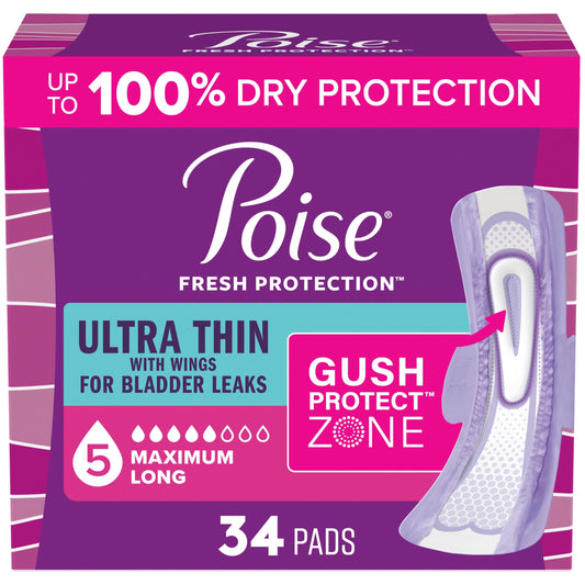 Poise empaque frontal 34 unidades mostrando protector delgado y discreto