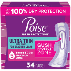 Poise empaque frontal 34 unidades mostrando protector delgado y discreto