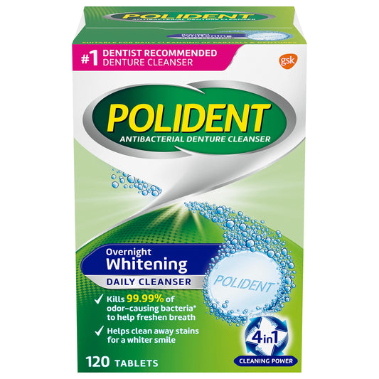 Polident caja frontal 120 tabletas mostrando cantidad y beneficio de limpieza