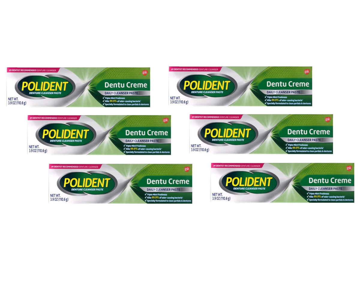Polident tubo frontal mostrando etiqueta y beneficio limpieza eficaz