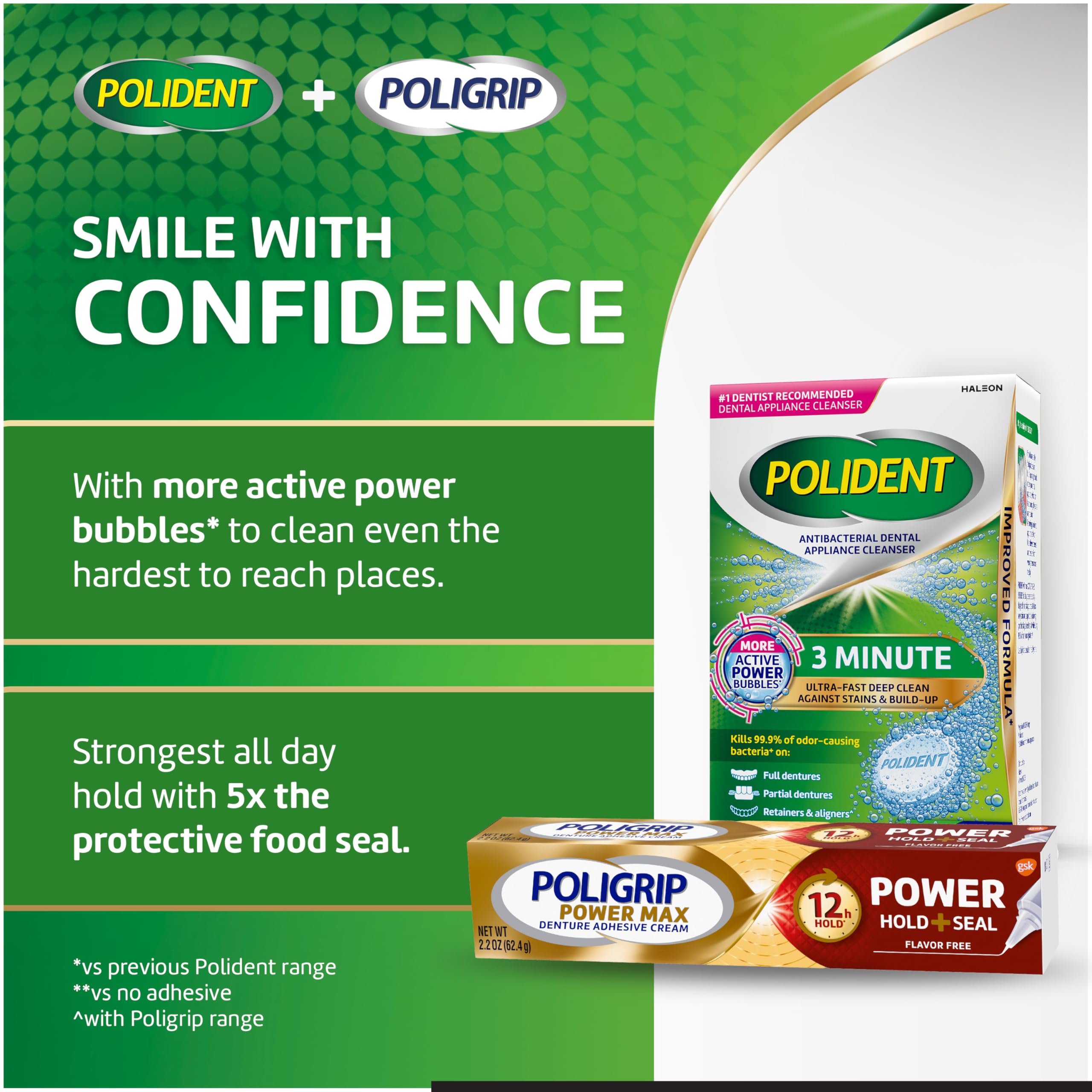 Pack Polident 2 unidades de 90 tabletas mostrando cantidad y ahorro