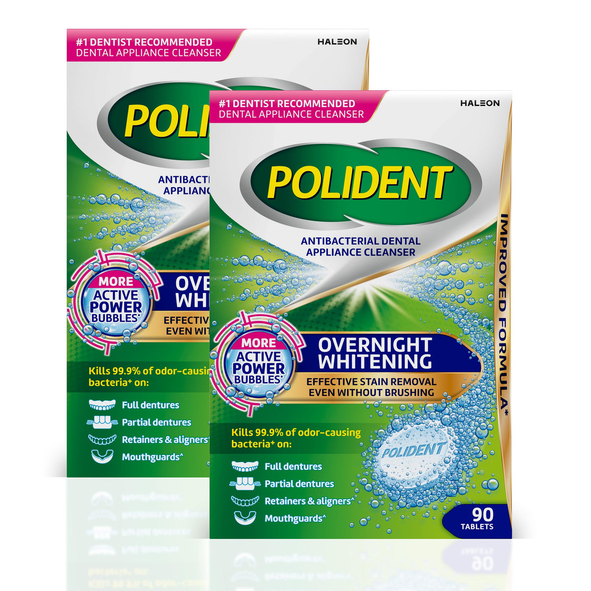 Polident frontal del pack 2 mostrando 90 tabletas y beneficios de limpieza