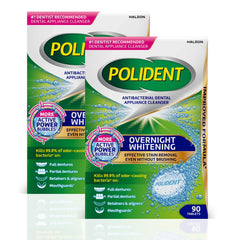 Polident frontal del pack 2 mostrando 90 tabletas y beneficios de limpieza
