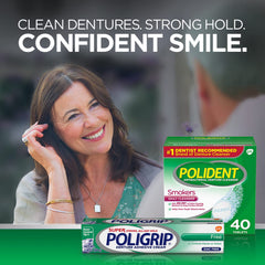 Polident lifestyle en baño con dentadura y tabletas mostrando uso diario