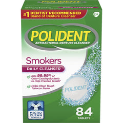 Polident frontal del empaque mostrando 84 tabletas y beneficios