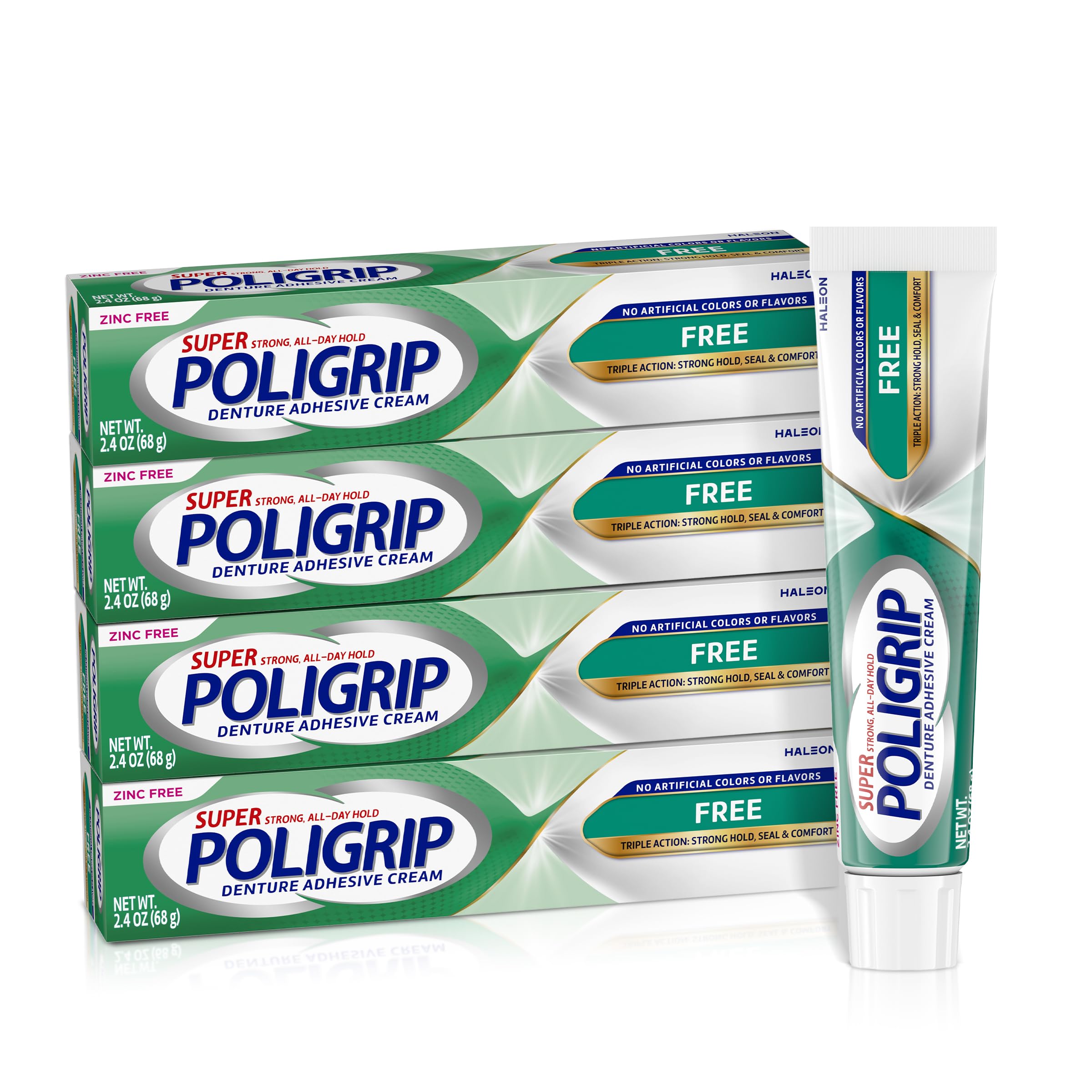 Poligrip Free frente del tubo mostrando presentación y beneficio de fijación
