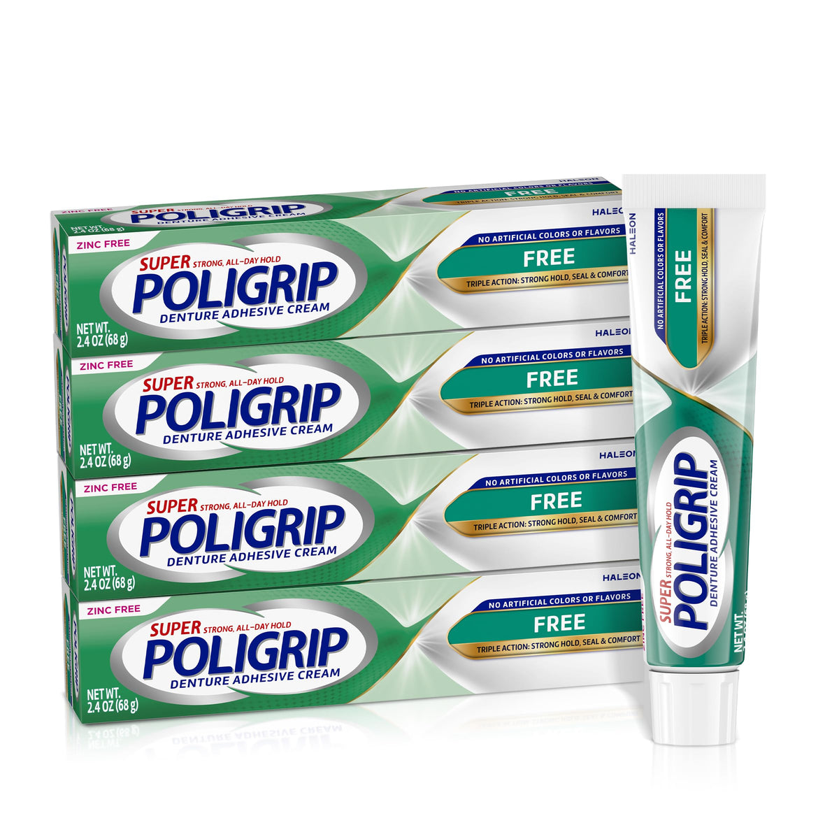 Poligrip Free frente del tubo mostrando presentación y beneficio de fijación