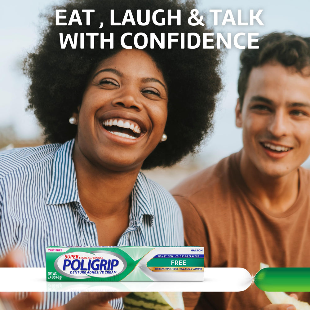 Poligrip Free paquete con cuatro tubos ideal para uso diario y viajes