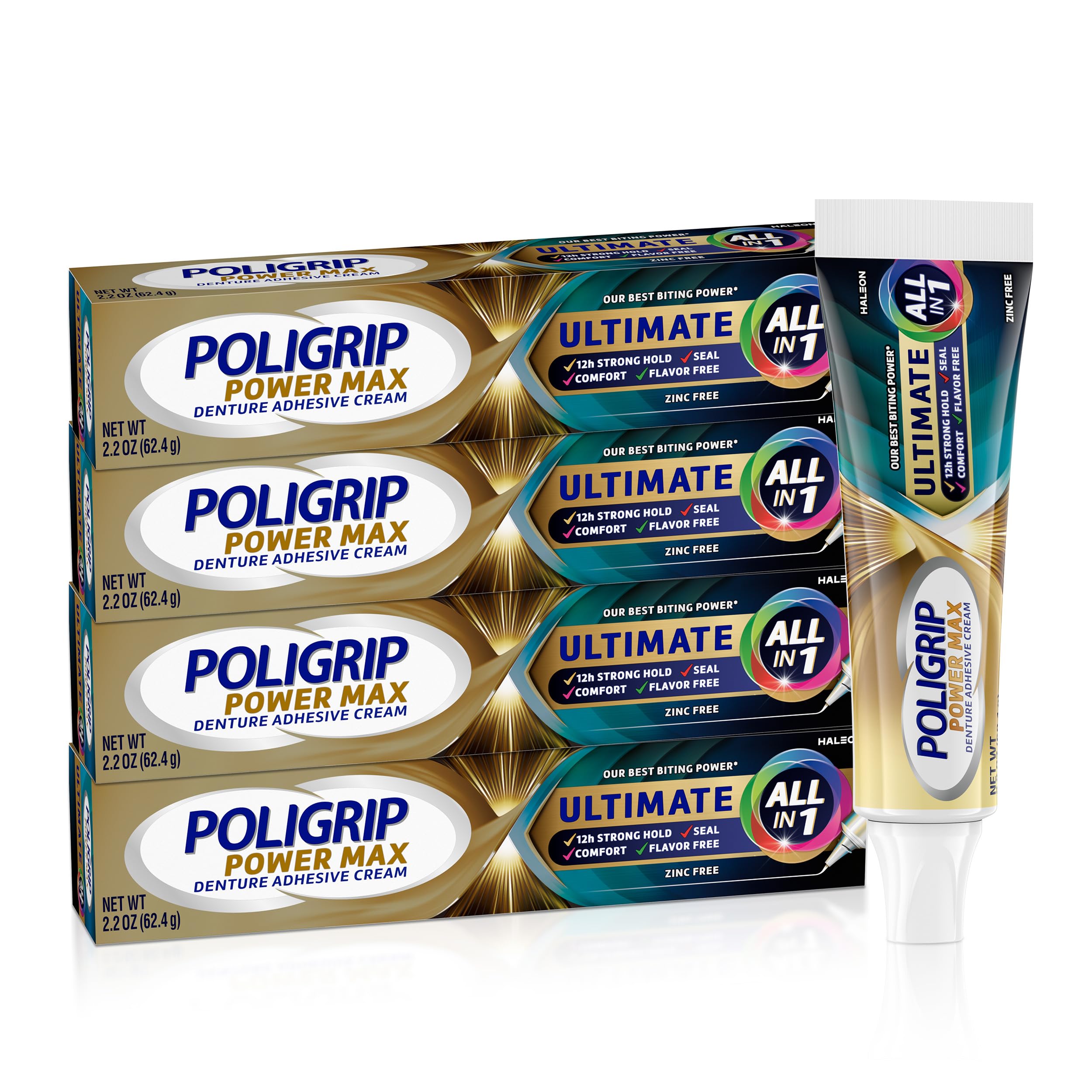 Super Poli-Grip frente del empaque con pack de cuatro tubos para mayor confianza