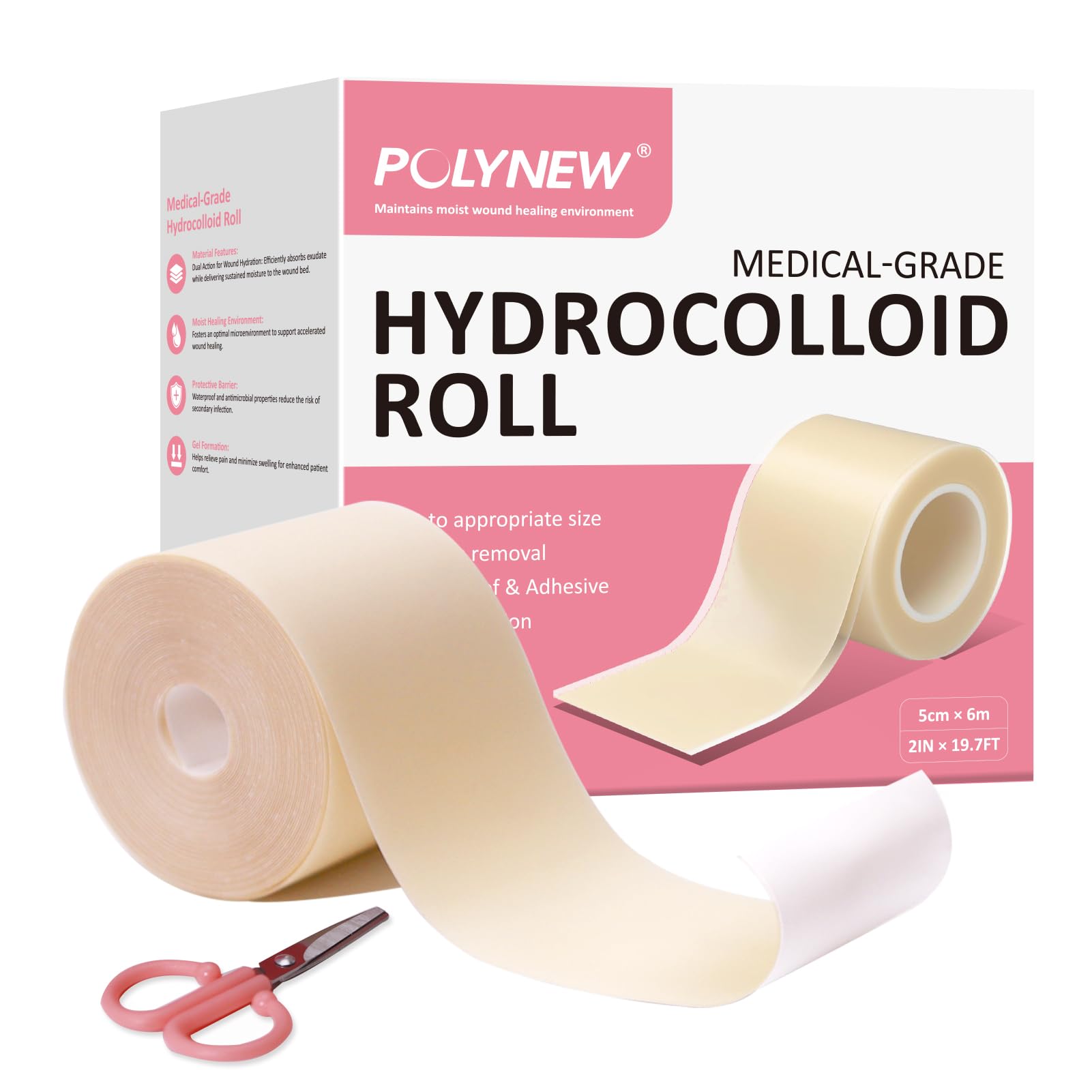 POLYNEW embalaje frontal mostrando rollo recortable y medidas, ideal para cuidado diario