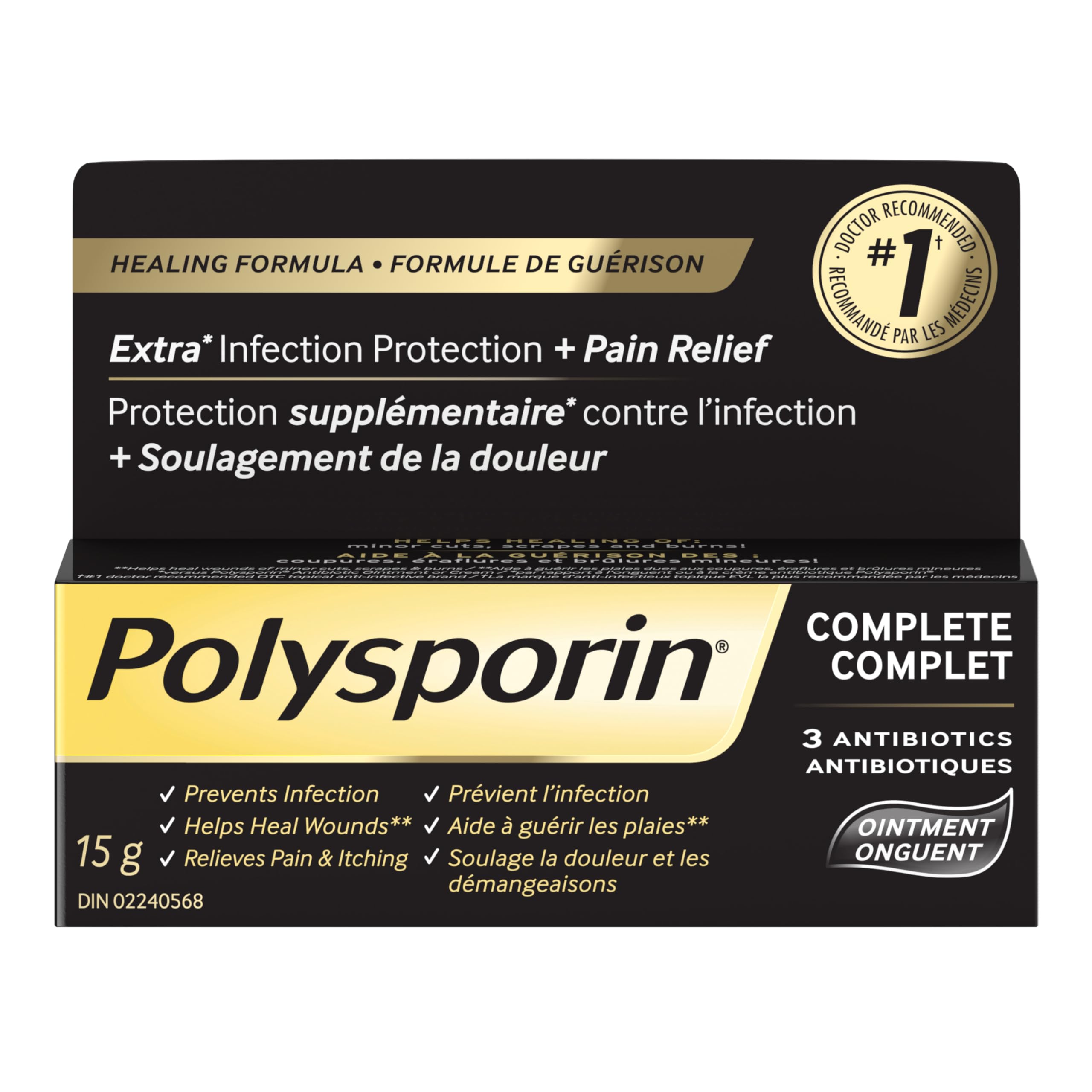Polysporin tubo frontal 15 g mostrando envase y uso práctico