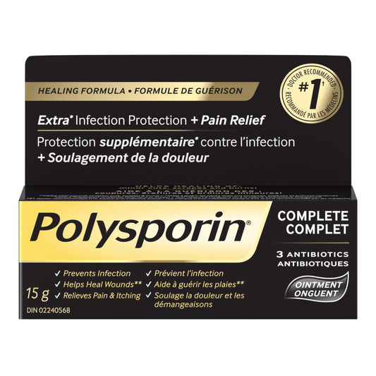 Polysporin tubo frontal 15 g mostrando envase y uso práctico