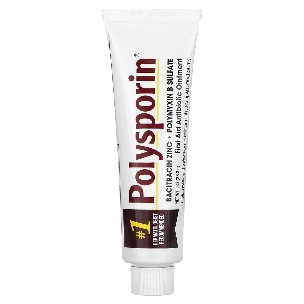 Polysporin tubo frente mostrando etiqueta clara y tamaño conveniente