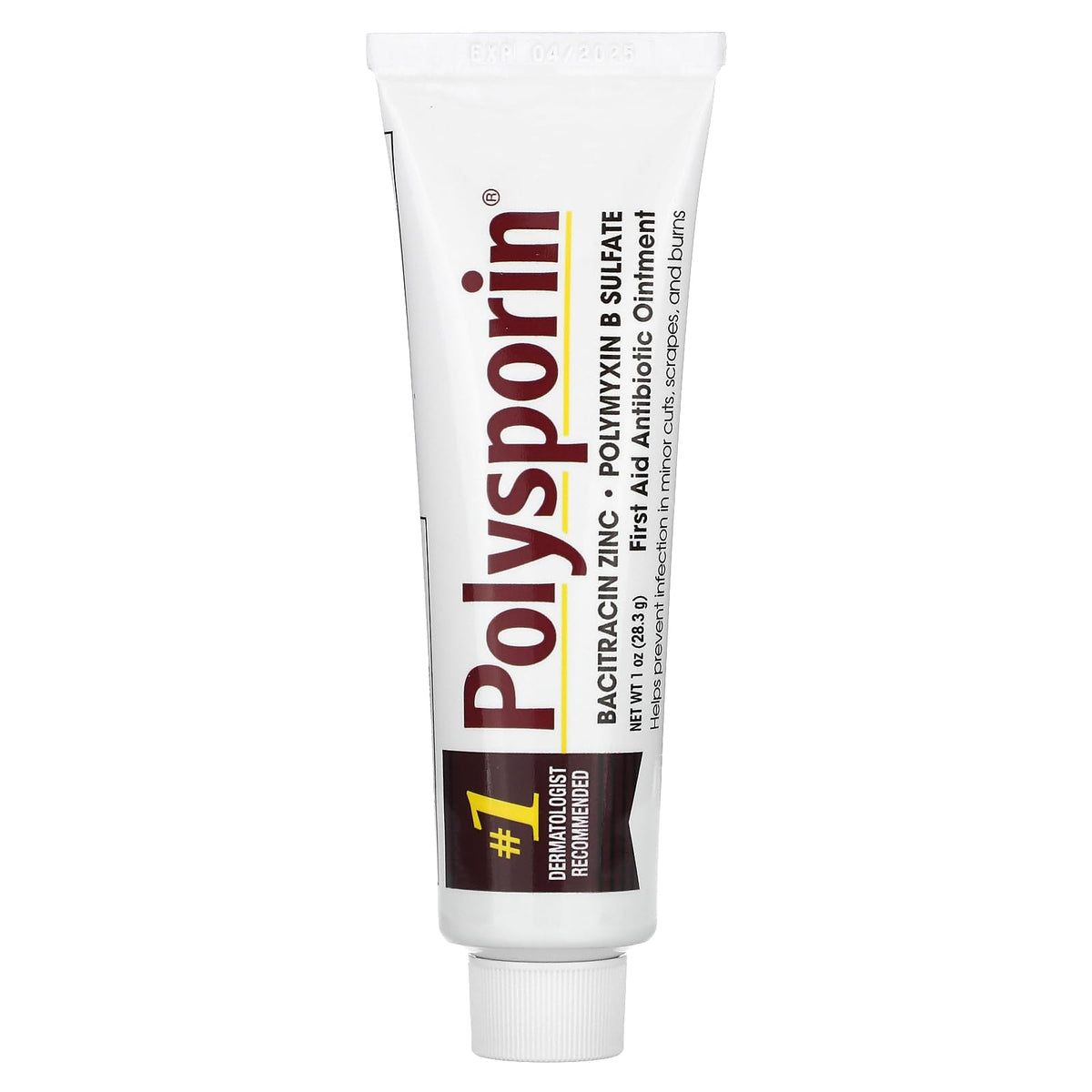 Polysporin tubo frente mostrando etiqueta clara y tamaño conveniente