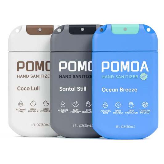POMOA spray higienizante pack frontal mostrando tres botellas, portable y práctico