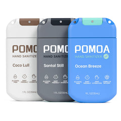 POMOA spray higienizante pack frontal mostrando tres botellas, portable y práctico