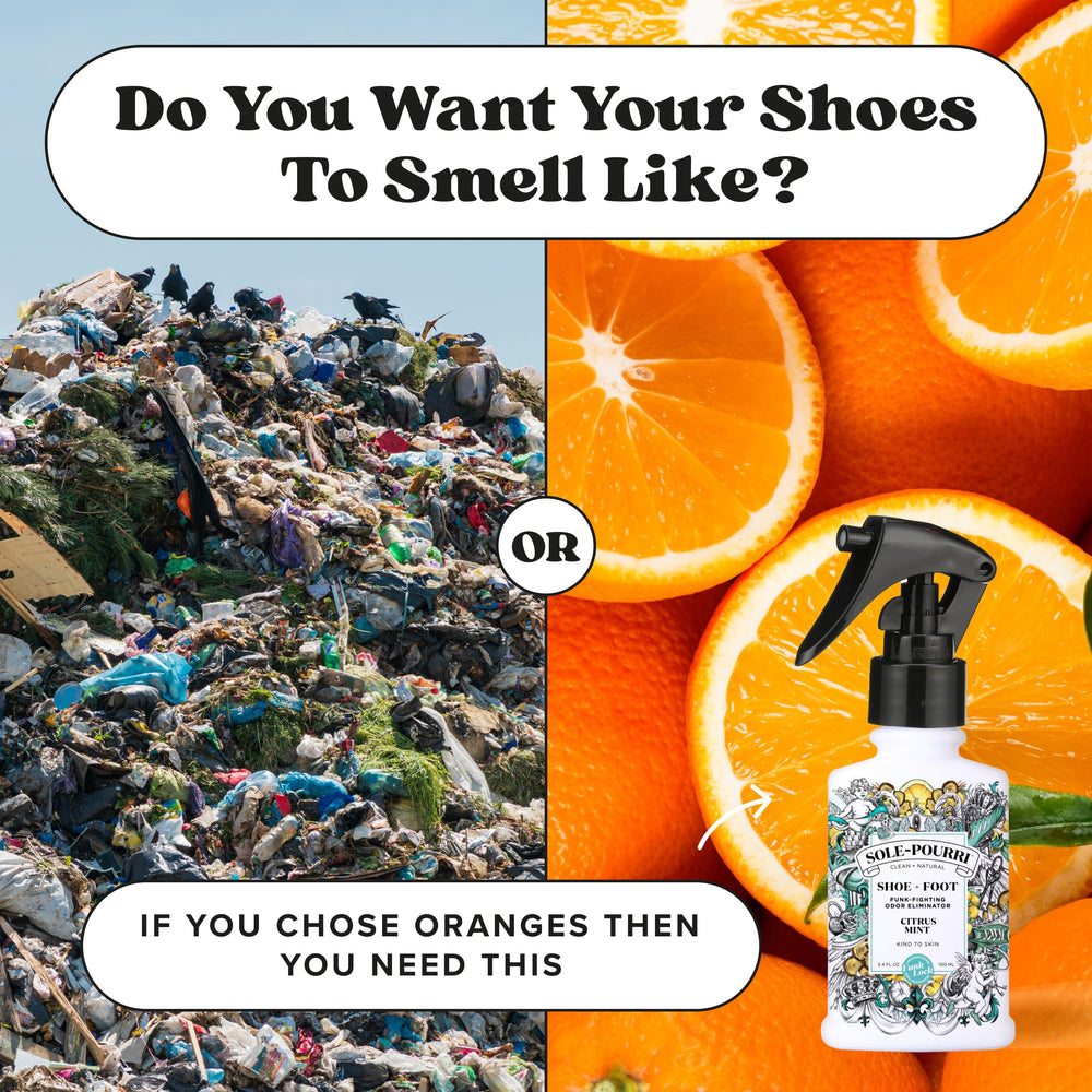 Poo-Pourri frasco junto a mano indica tamaño portátil ideal para viajes