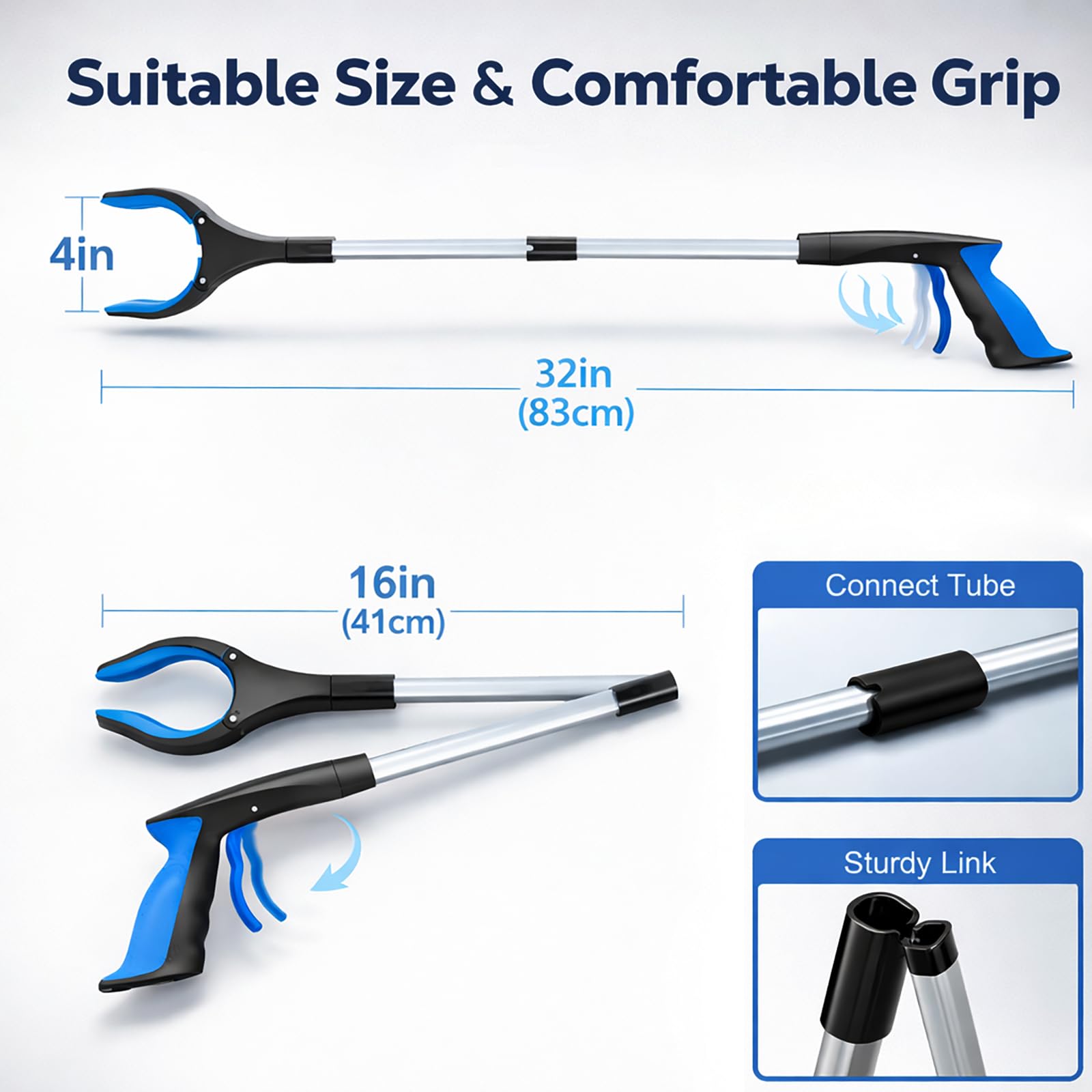 POPDA grabber plegado en la mano demostrando el cierre compacto, ideal para transporte fácil