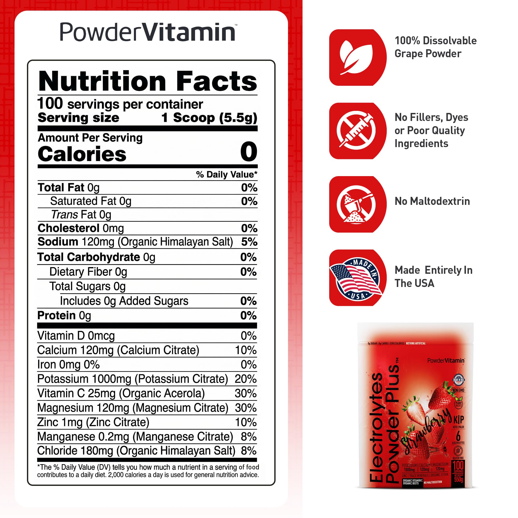 Envase PowderVitamin junto a una mano para comparar tamaño, envase de 100 porciones práctico