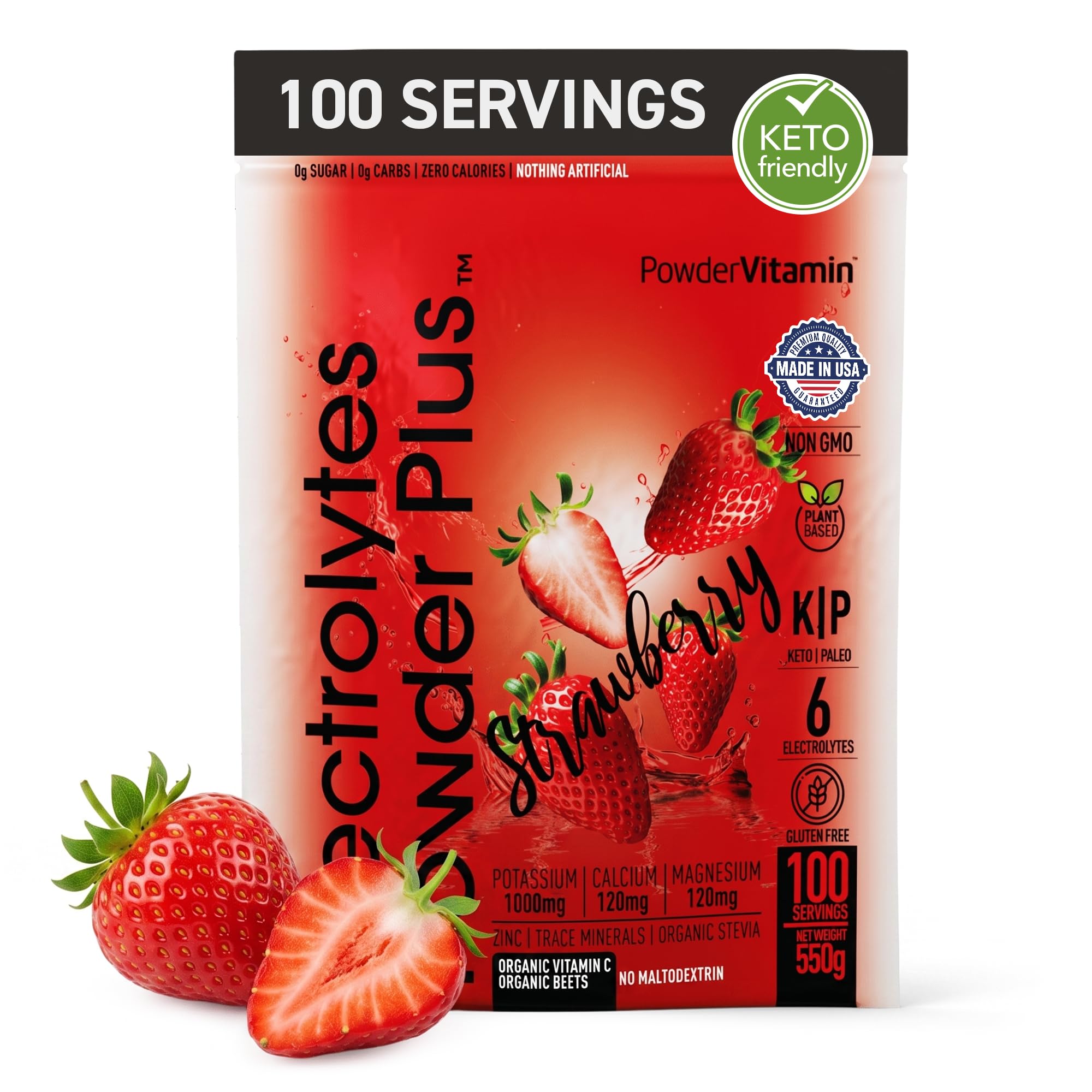 PowderVitamin frontal del envase mostrando etiqueta y sabor fresa, hidratación concentrada