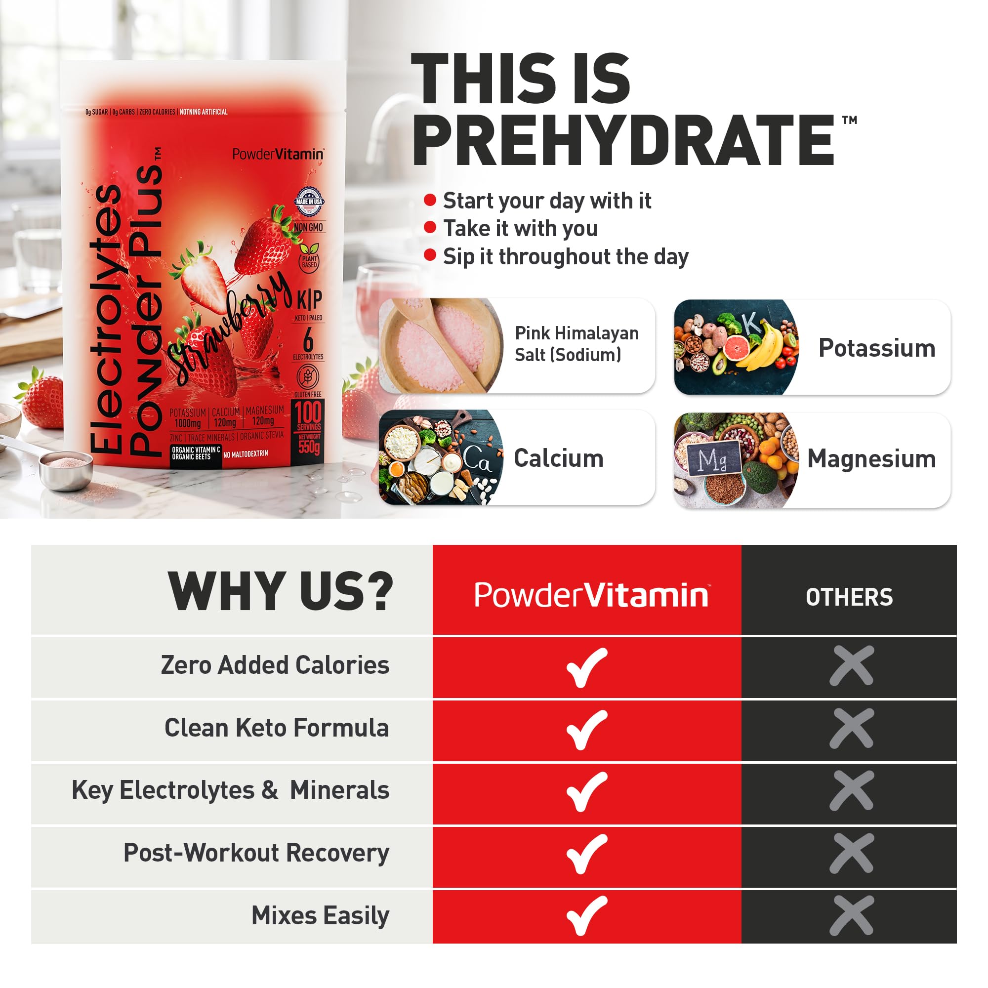 Escena lifestyle en mesa con PowderVitamin y frutas, opción sabrosa para hidratación diaria
