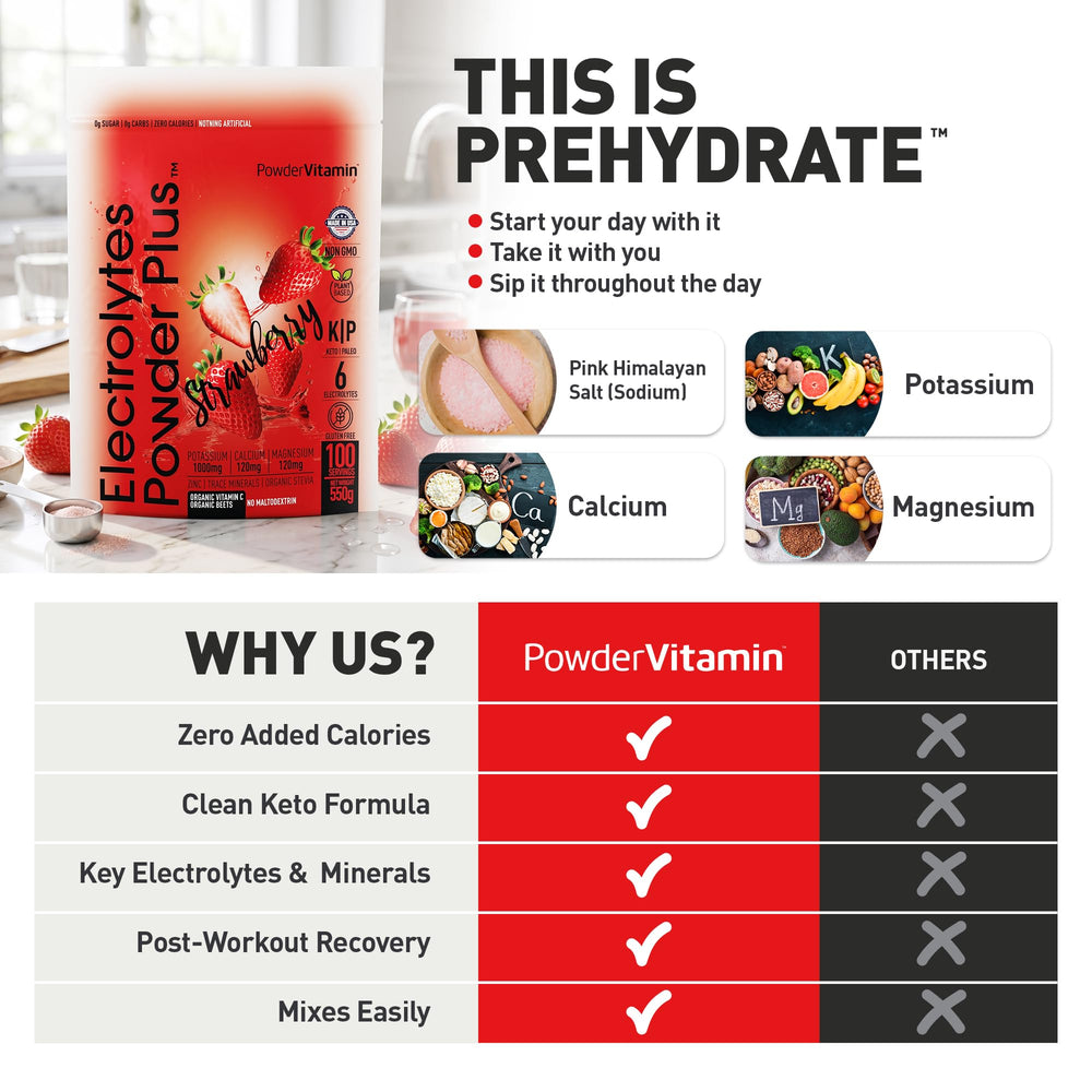 Escena lifestyle en mesa con PowderVitamin y frutas, opción sabrosa para hidratación diaria