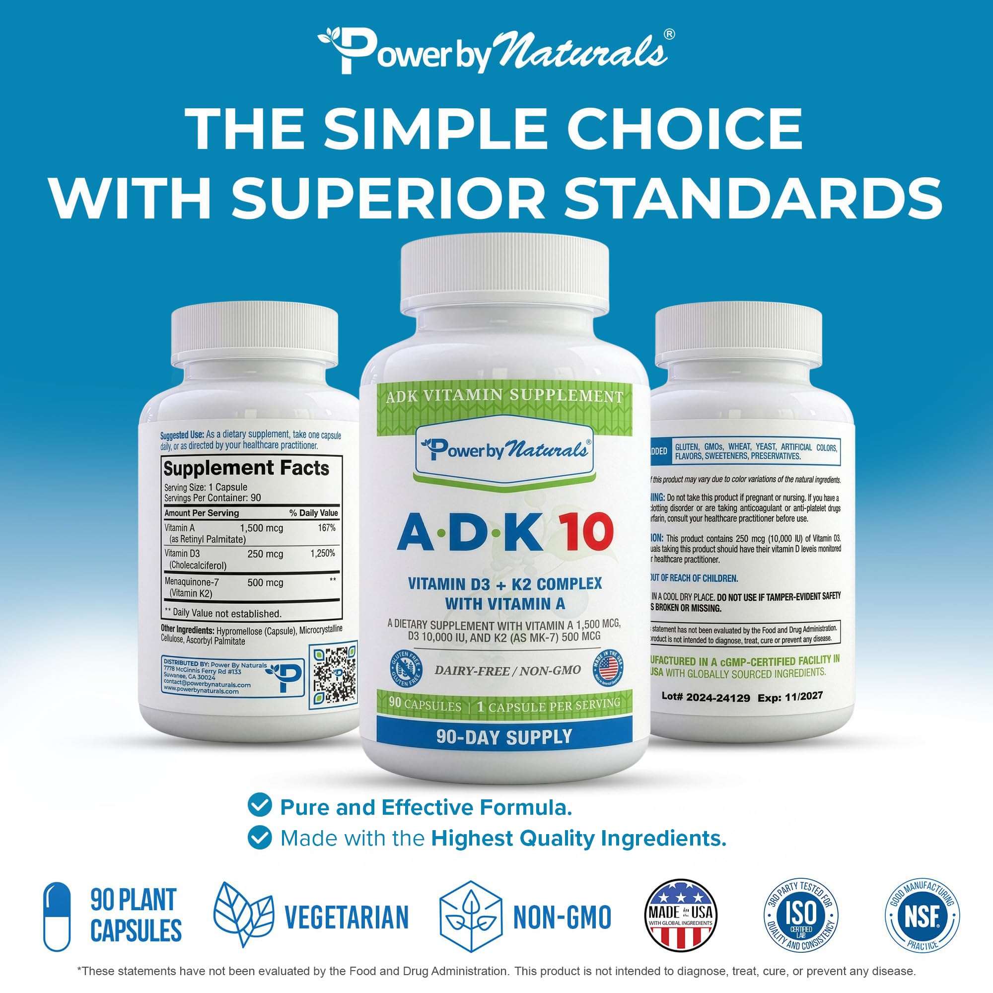 Power By Naturals ingredientes destacados MK‑7 D3 A, indica forma biodisponible