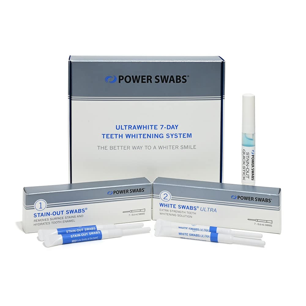 Power Swabs empaque frontal mostrando kit completo y beneficio de blanqueo
