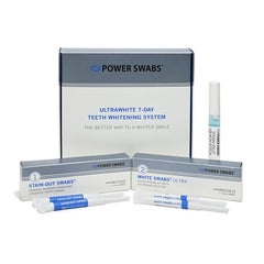 Power Swabs empaque frontal mostrando kit completo y beneficio de blanqueo