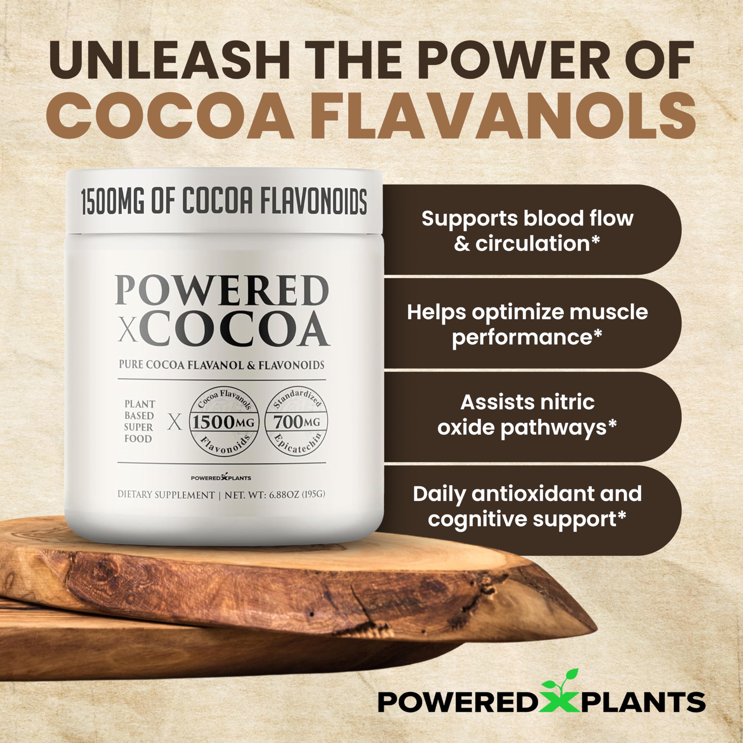 Cucharada dosificadora con cacao POWERED X PLANTS listada por porción