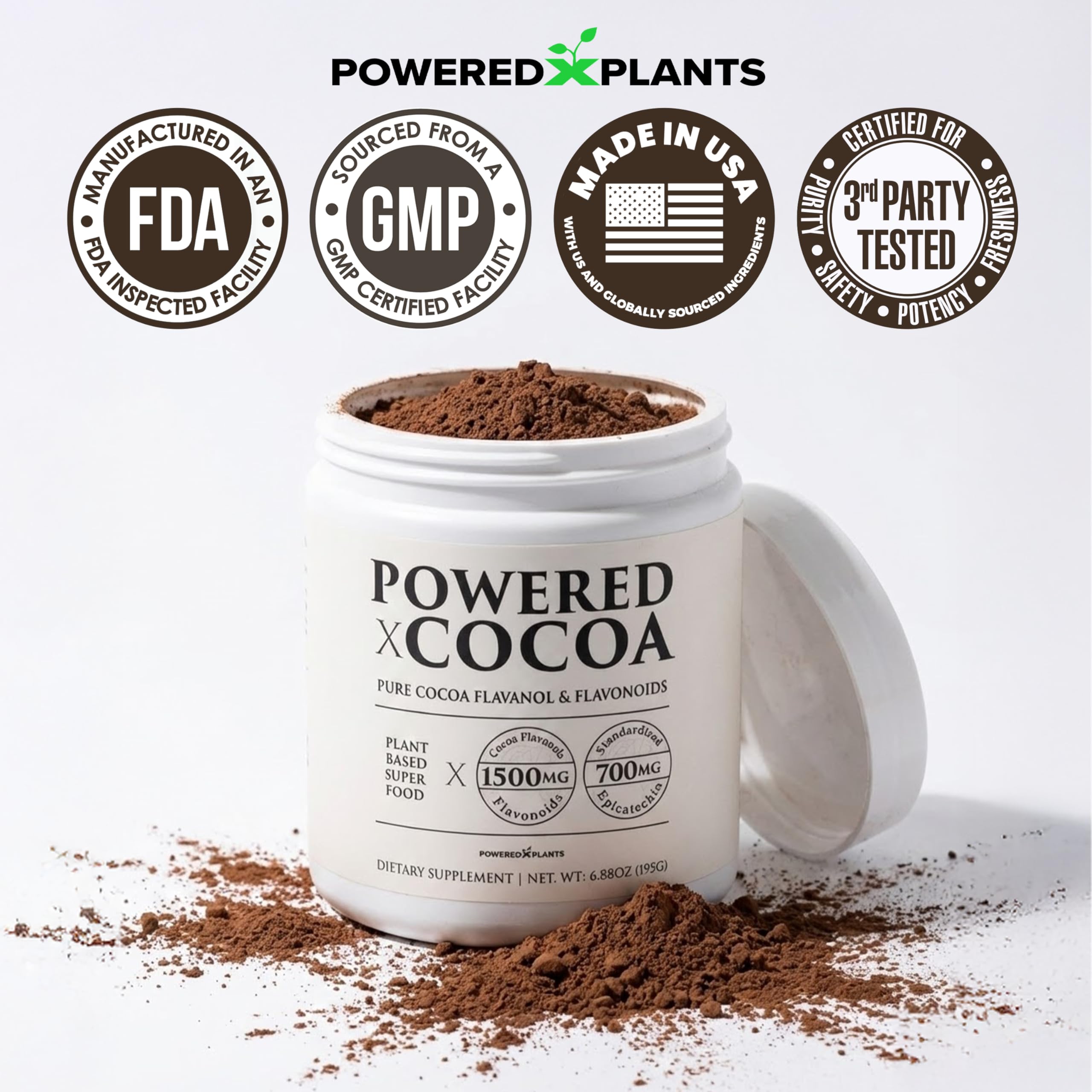 Primer plano de la etiqueta POWERED X PLANTS mostrando ingredientes y pureza