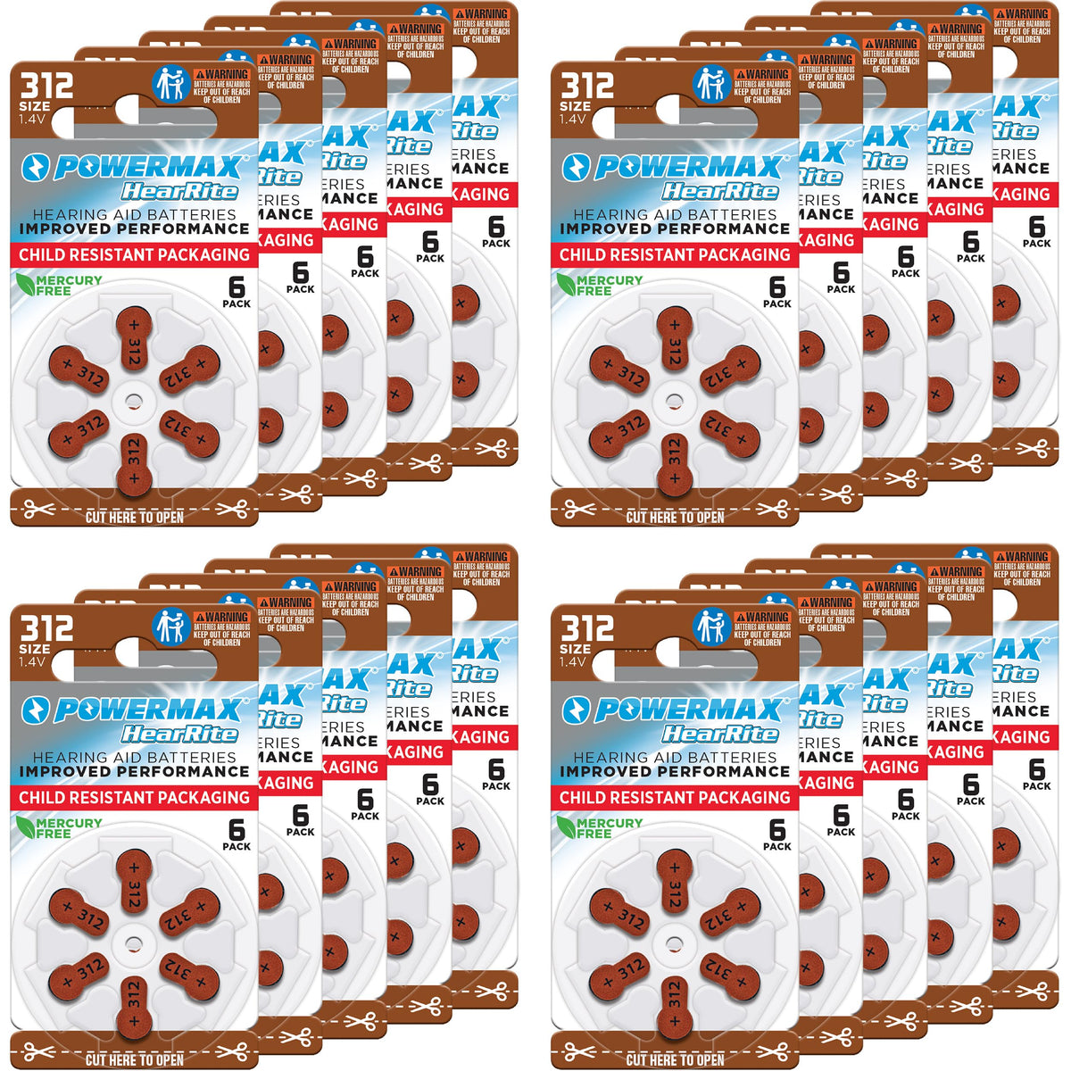 Powermax pack frontal de 120 pilas 312 mostrando etiqueta y cantidad, confianza inmediata