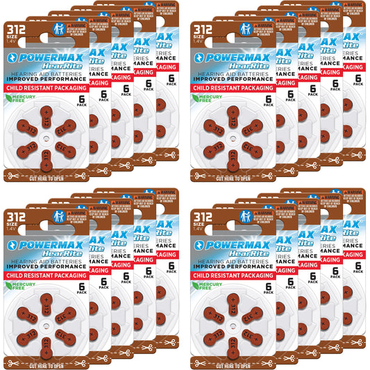 Powermax pack frontal de 120 pilas 312 mostrando etiqueta y cantidad, confianza inmediata
