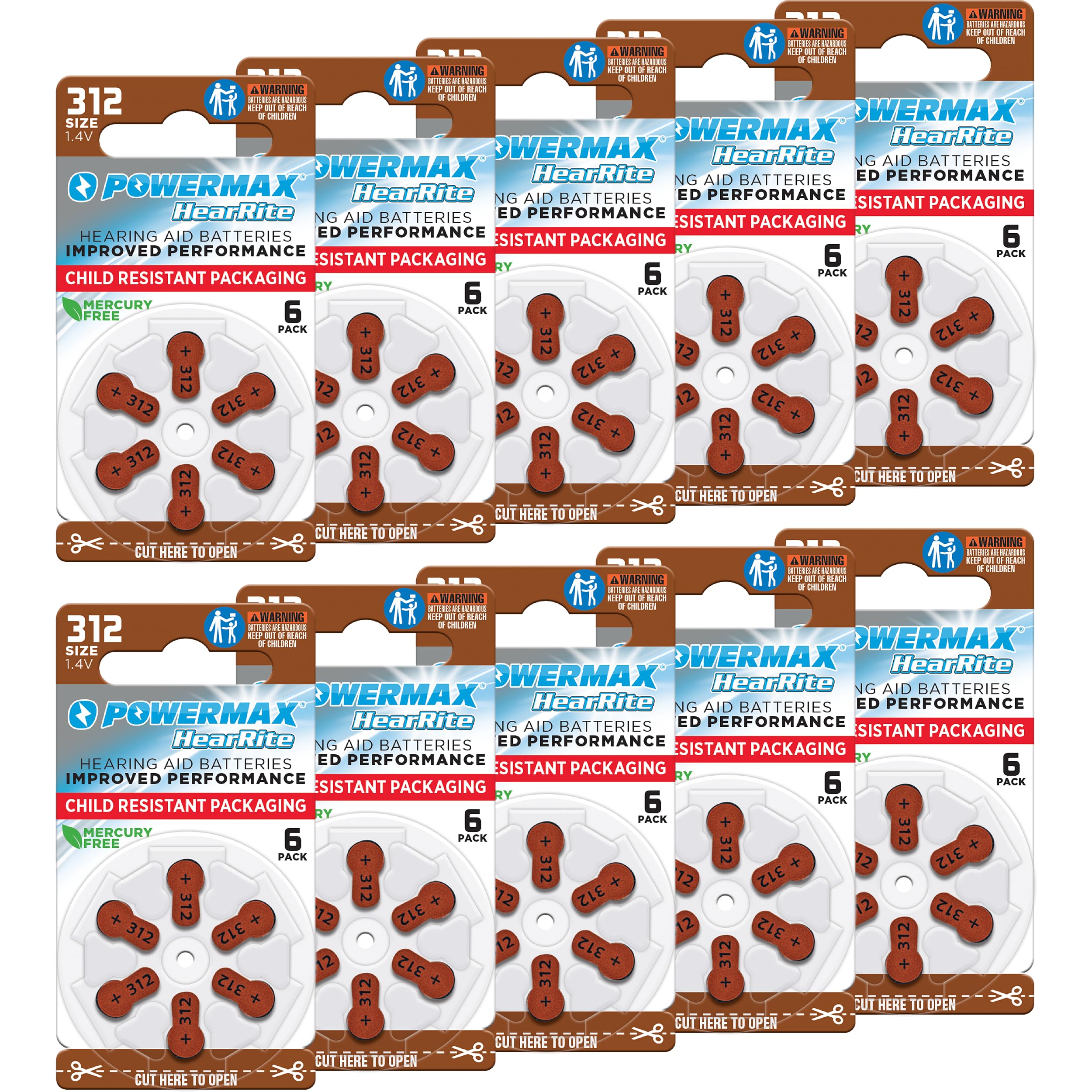 Powermax pack frontal mostrando 60 pilas 312 y envase útil