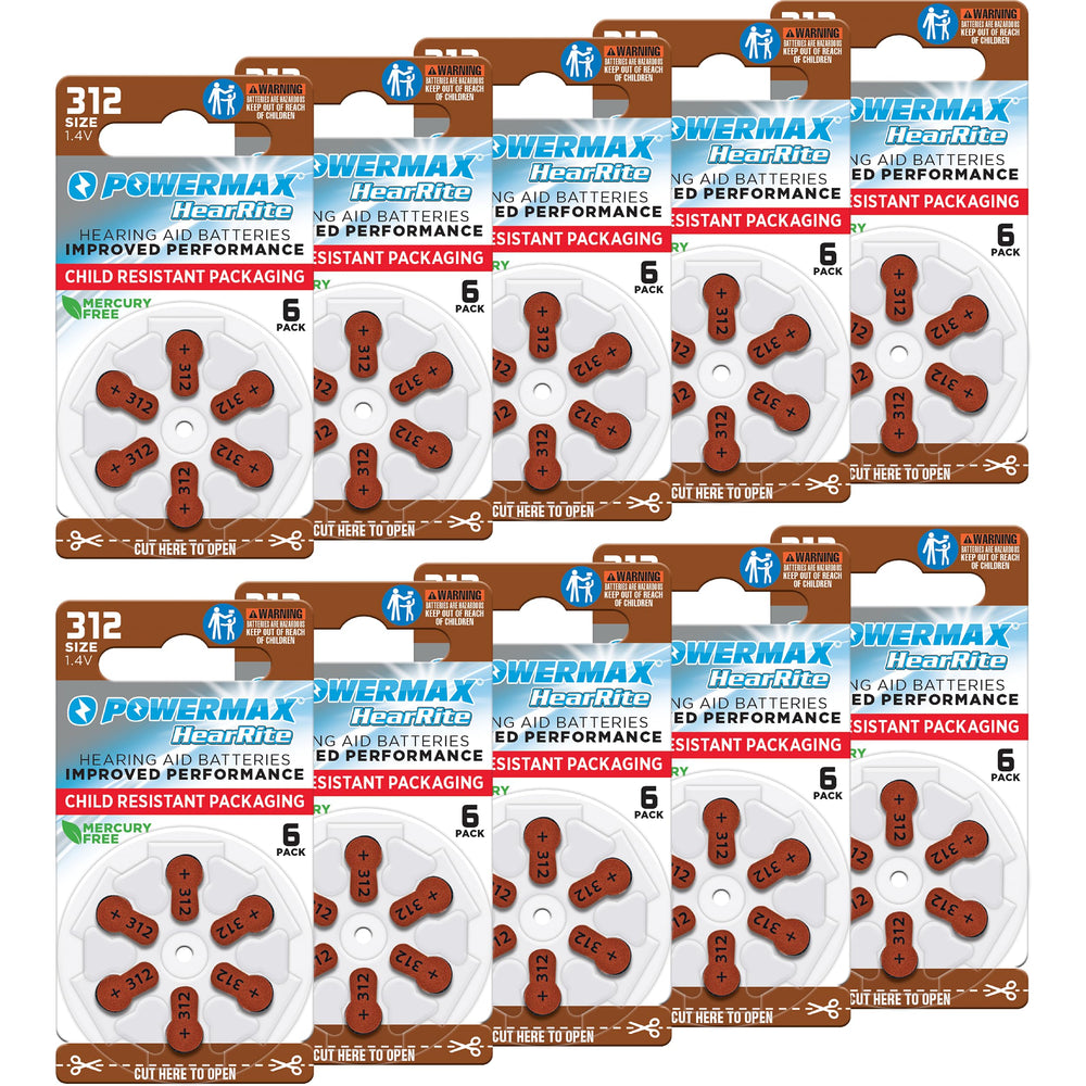 Powermax pack frontal mostrando 60 pilas 312 y envase útil