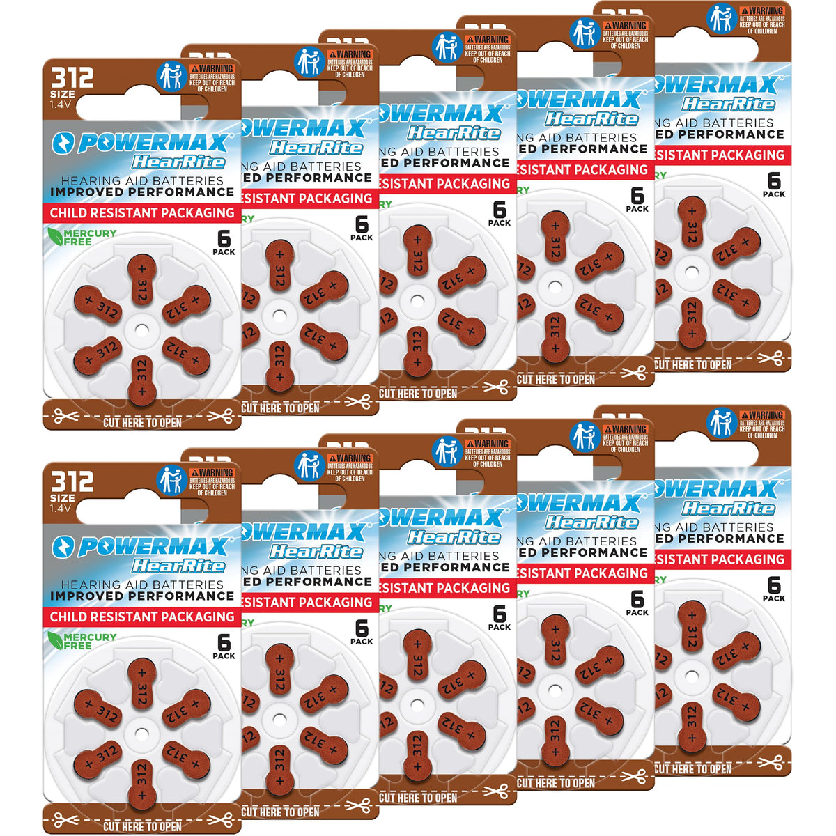 Powermax pack frontal mostrando 60 pilas 312 y envase útil
