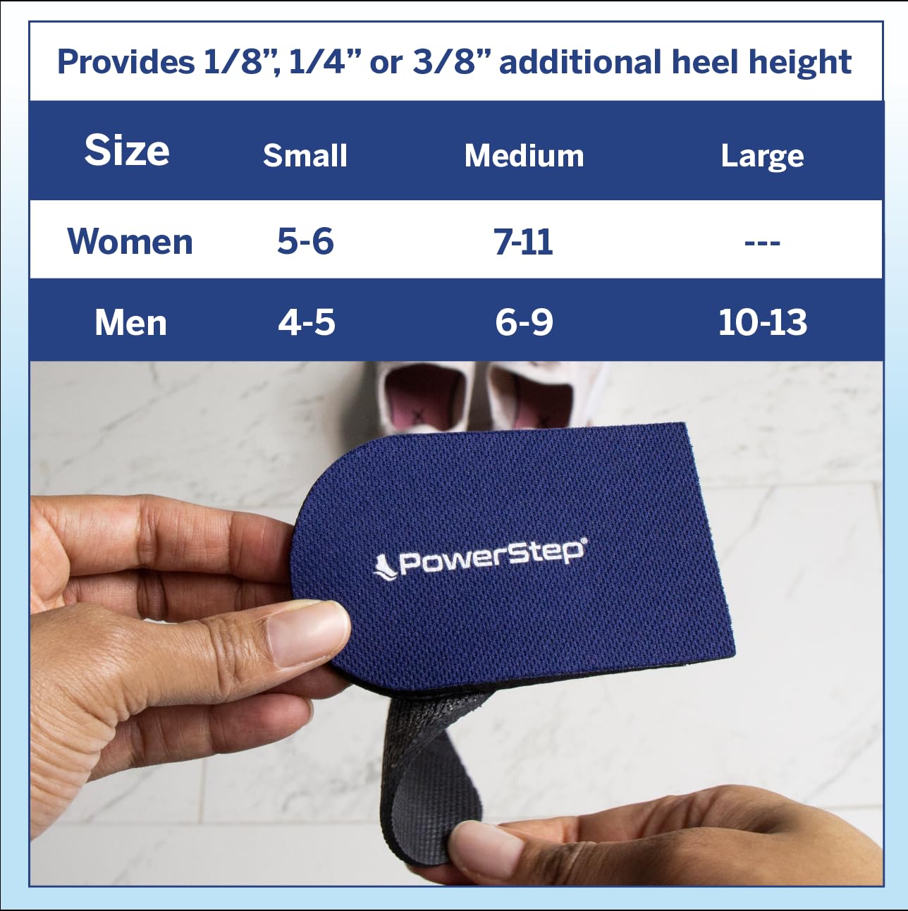 PowerStep alza colocada dentro de una zapatilla demostrando uso cómodo